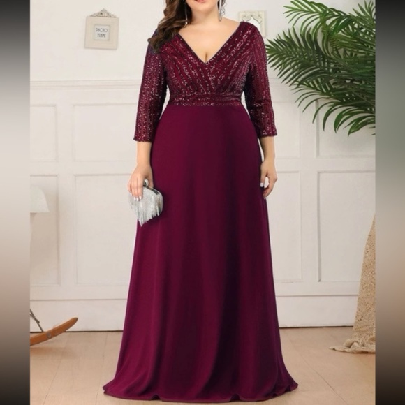 Plus sequin 3/4 sleeve Formal Prom Evening Party Wedding Dress - Picture 3 of 6